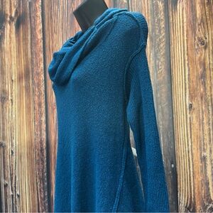 Free People Teal Cowl Neck Tunic Sweater with Multi Pattern Knit Size Medium